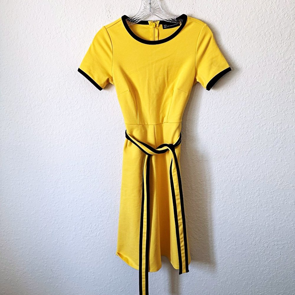 NY&C YELLOW Belted Ringer Stretch Flare Shirt Dress XS Petite